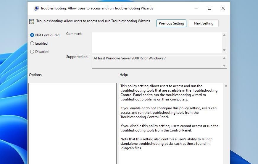 Chính sách Troubleshooting: Allow users to access and run Troubleshooting Wizards
