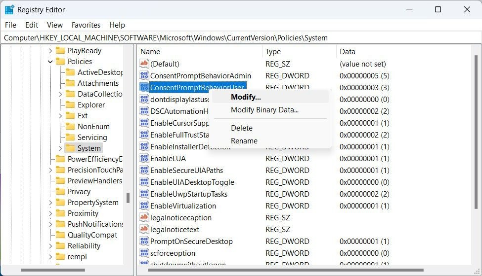 Chỉnh sửa giá trị ConsentPromptBehaviorUser trong Trình Chỉnh Sửa Registry