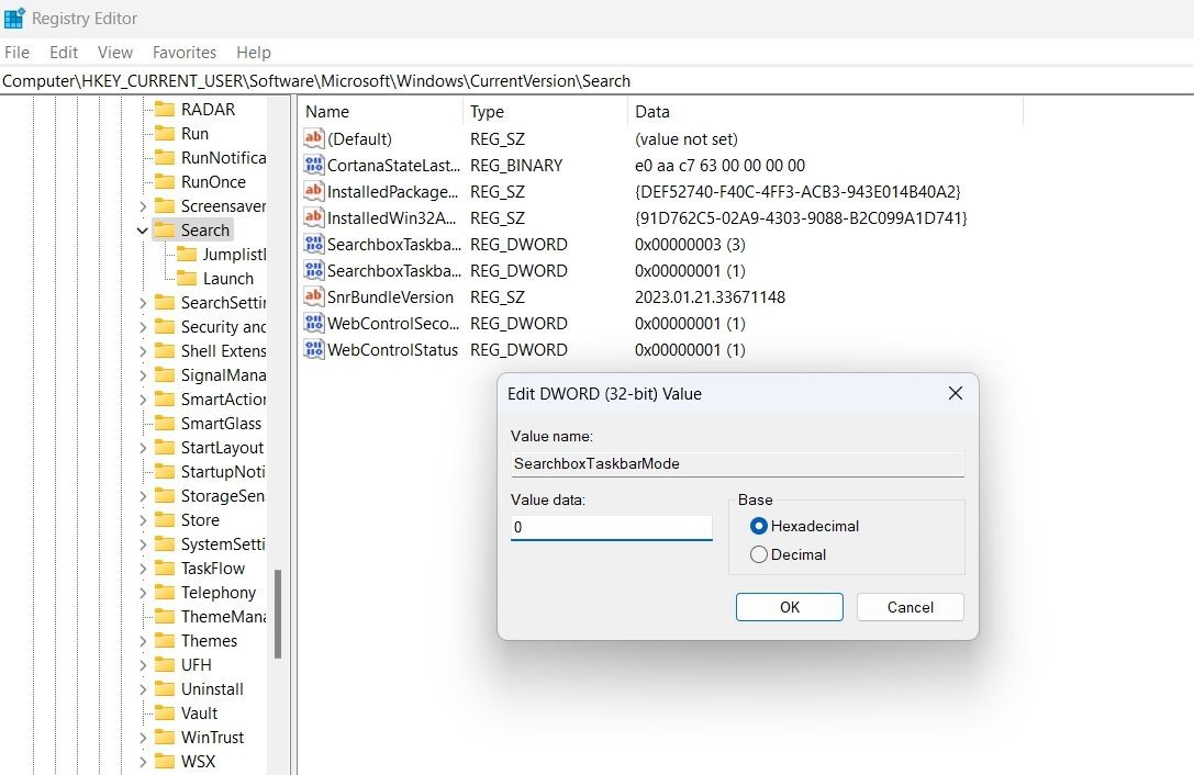 Chỉnh sửa mục SearchboxTaskbarMode trong Registry Editor