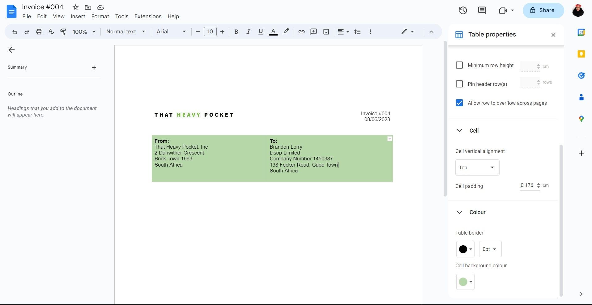 Chỉnh sửa thuộc tính bảng trên Google Docs