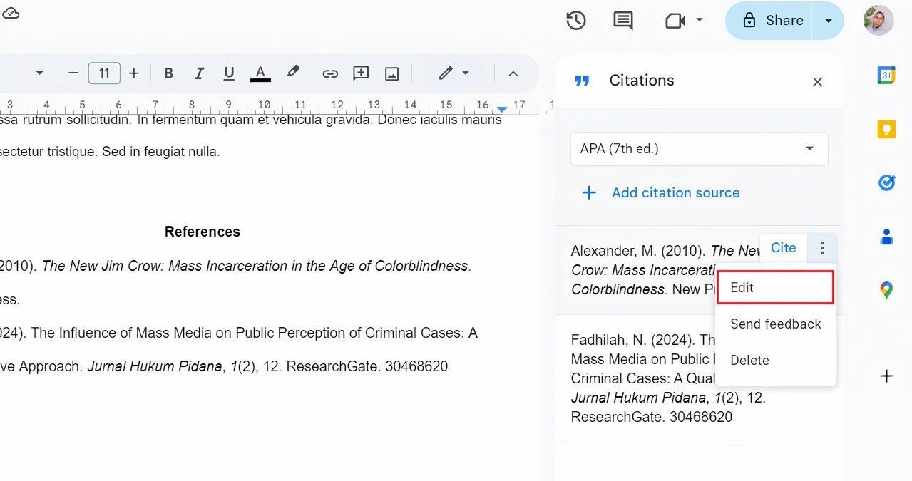 Chỉnh sửa trích dẫn trong Google Docs