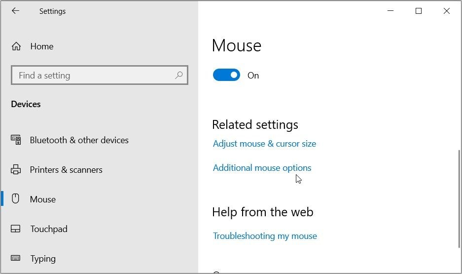 Chọn Additional mouse options trên cửa sổ Mouse settings