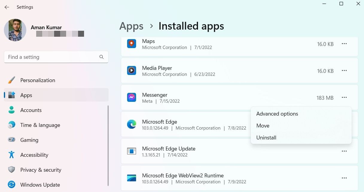 Chọn Advanced Option của Messenger