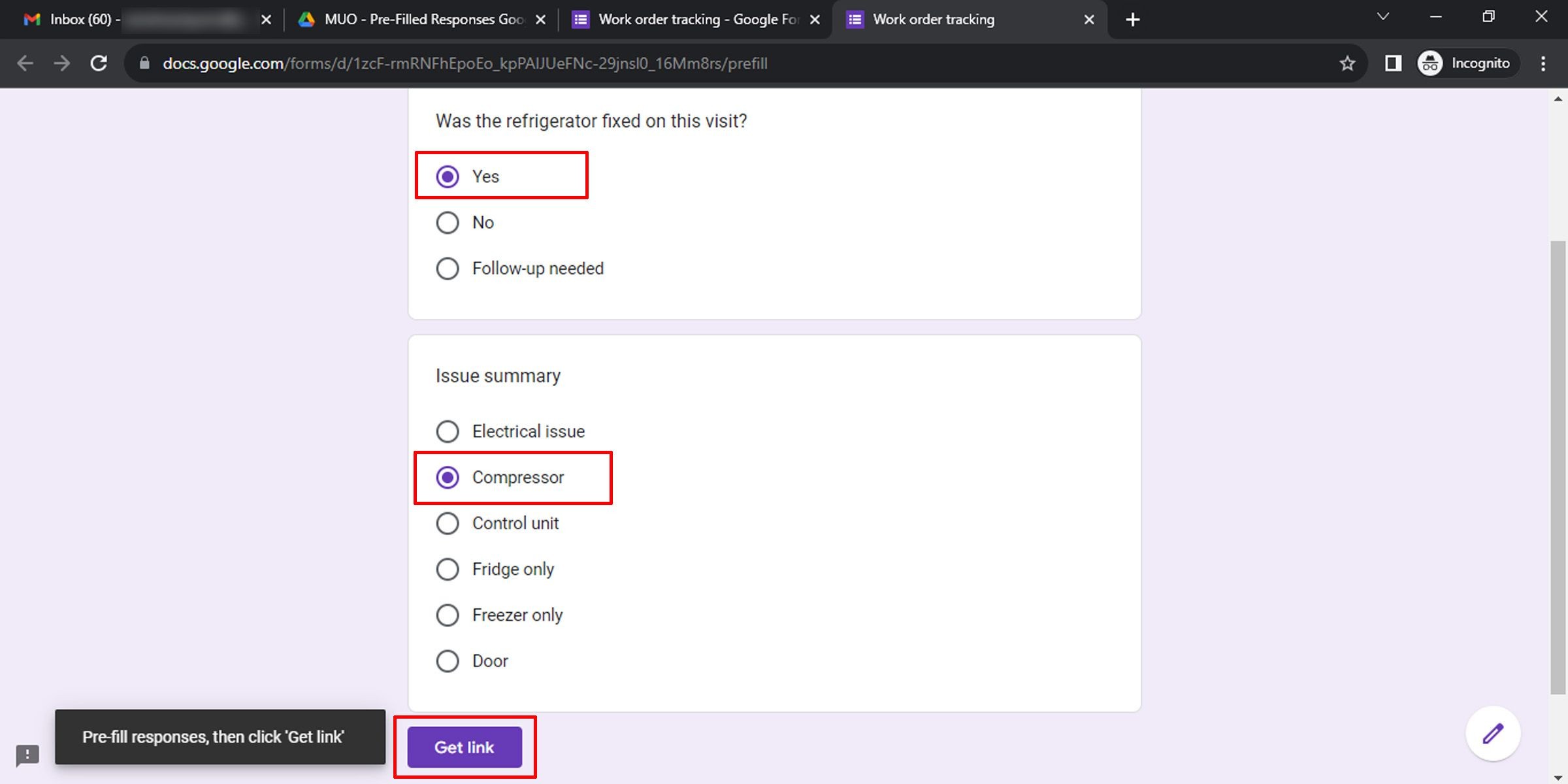 Chọn các câu trả lời sẽ được điền sẵn trong Google Form