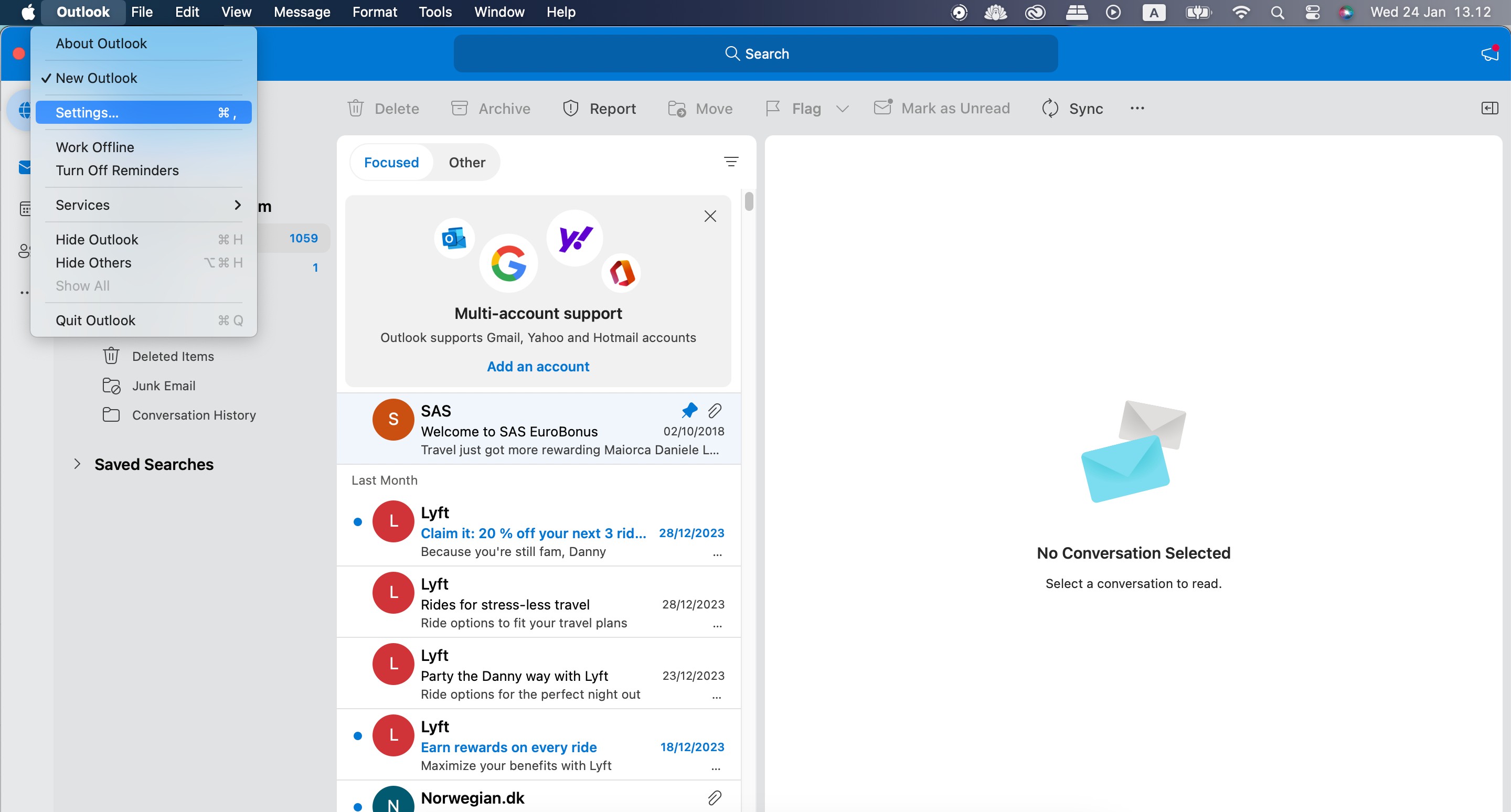 Chọn cài đặt Outlook trên macOS bằng cách đi đến Outlook &gt; Settings