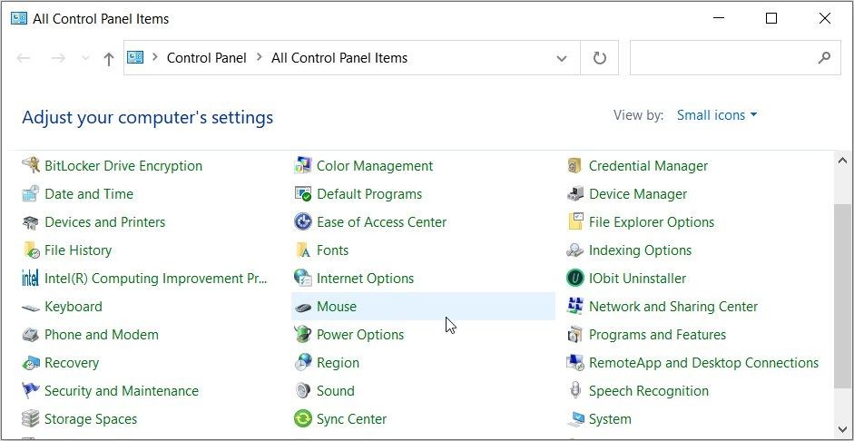 Chọn chuột từ danh sách menu của Control Panel