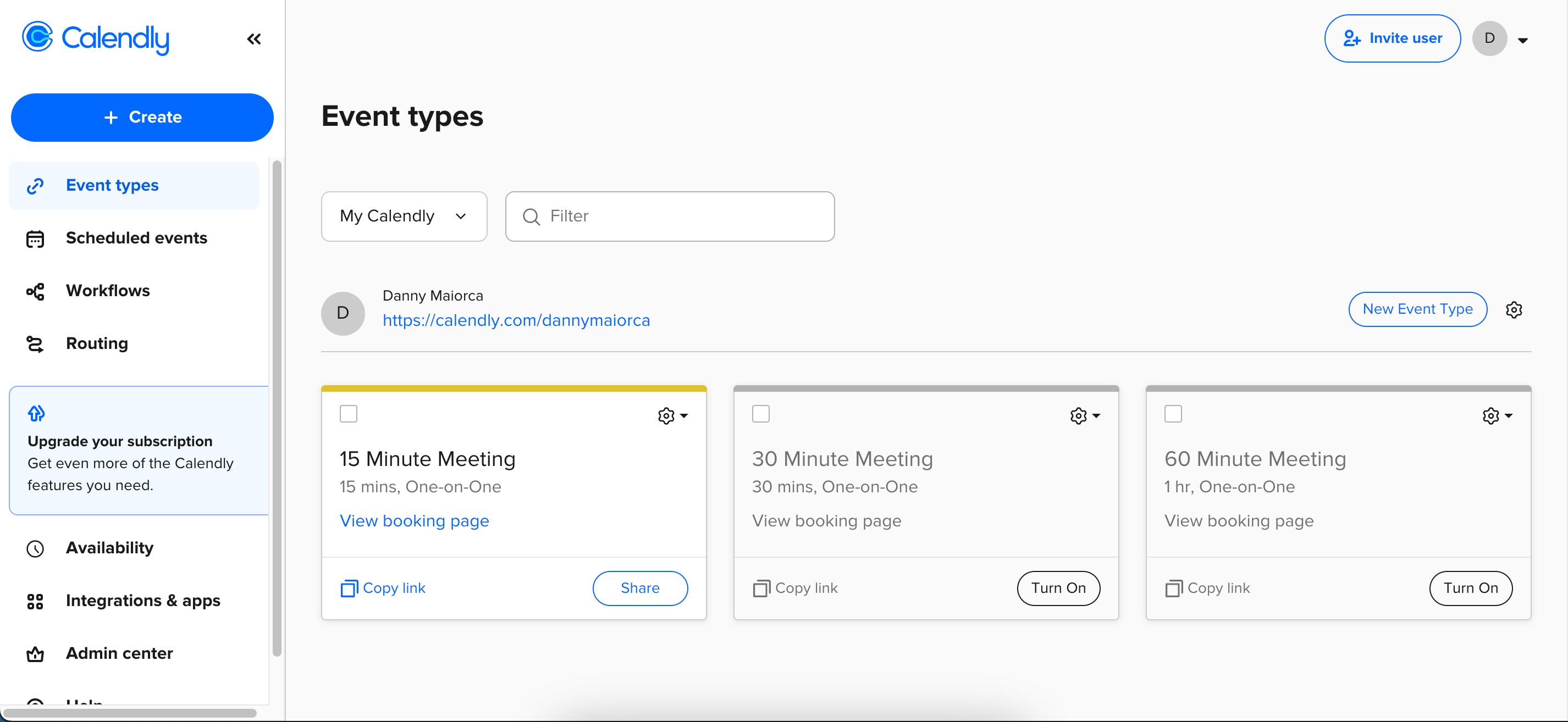 Chọn Copy link trong Calendly để chia sẻ cuộc gọi với bất kỳ ai bạn muốn gọi