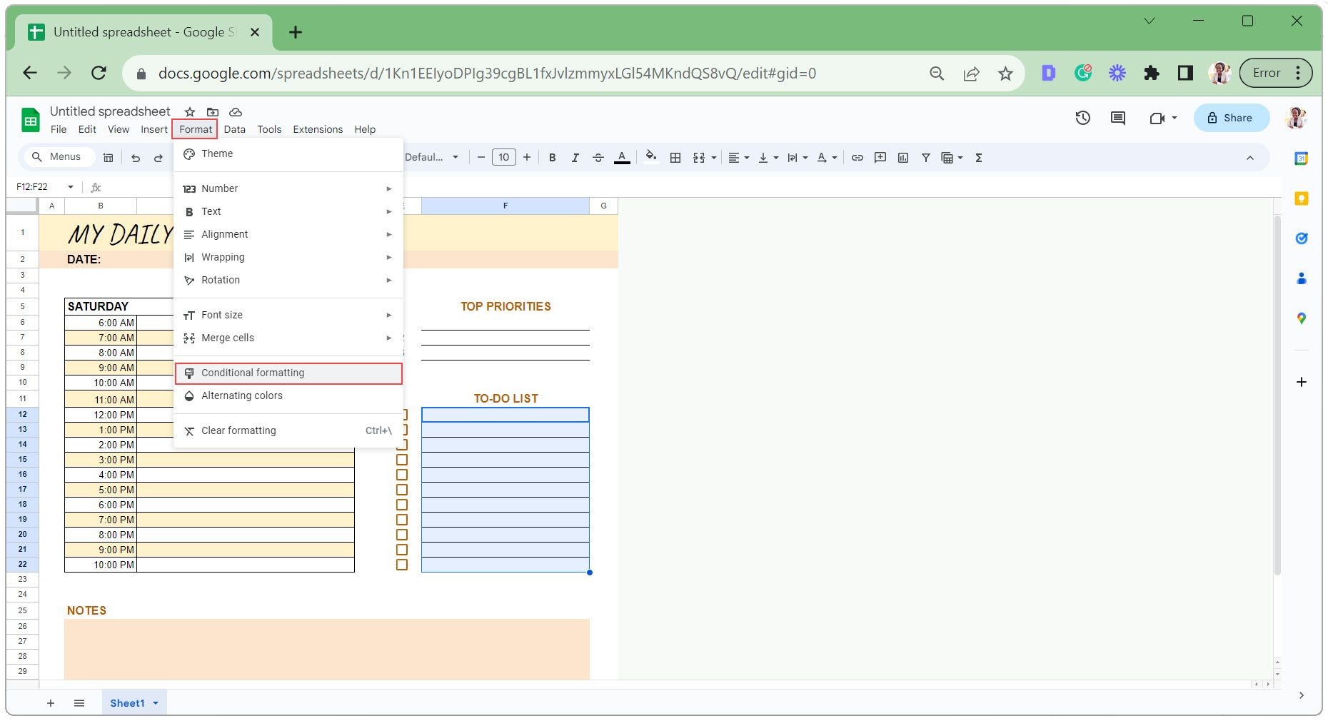 Chọn Định dạng và Định dạng có điều kiện trong Google Sheets