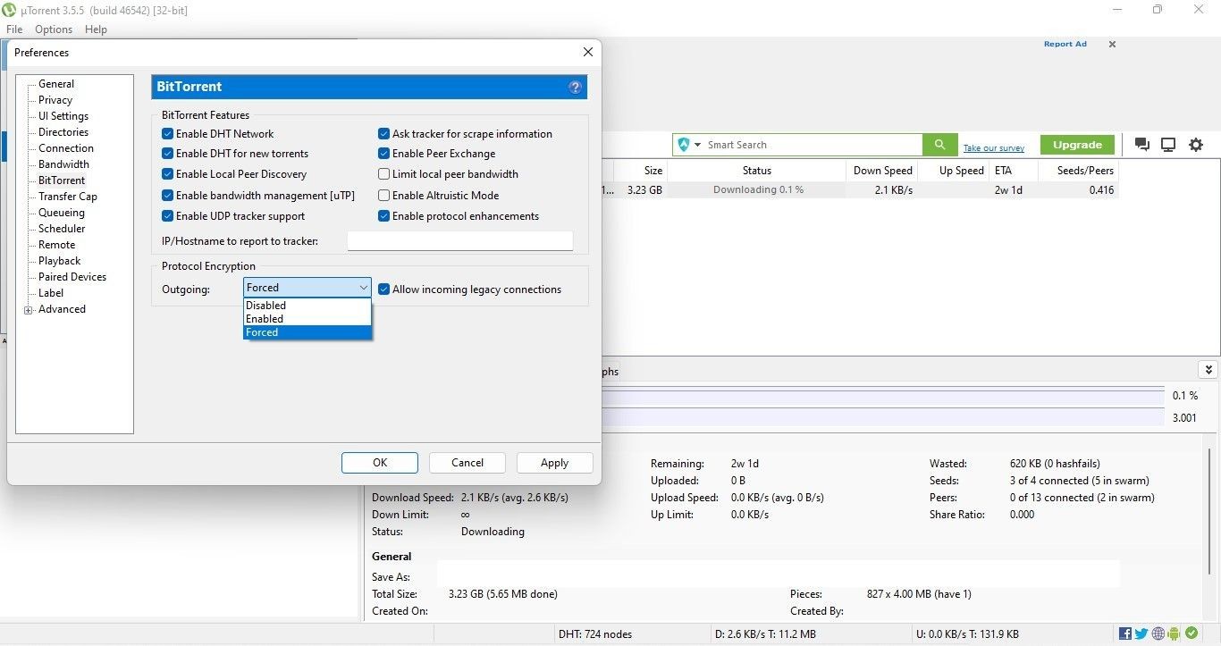 Chọn Forced trong menu thả xuống Outgoing trong phần Mã hóa giao thức của tab BitTorrent trong ứng dụng uTorrent cho máy tính