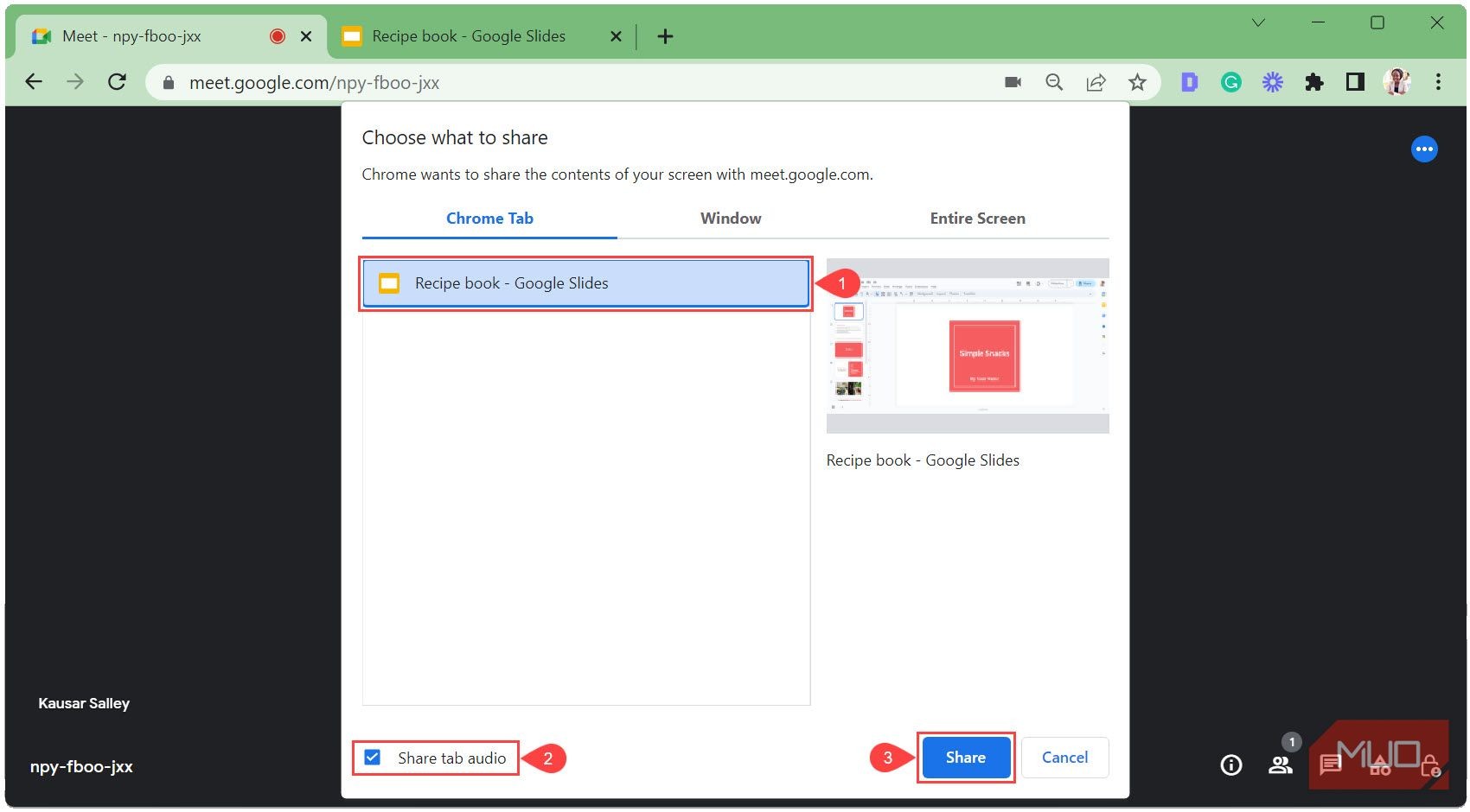 Chọn Google Slides trong tab Chrome để trình bày
