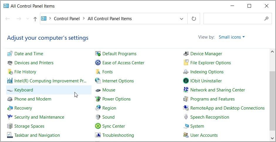 Chọn Keyboard từ danh sách menu của Control Panel