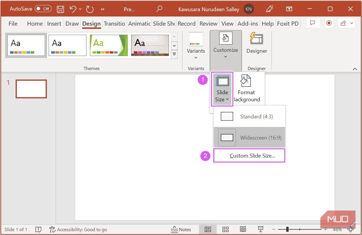 Chọn kích thước trang chiếu tùy chỉnh trong PowerPoint