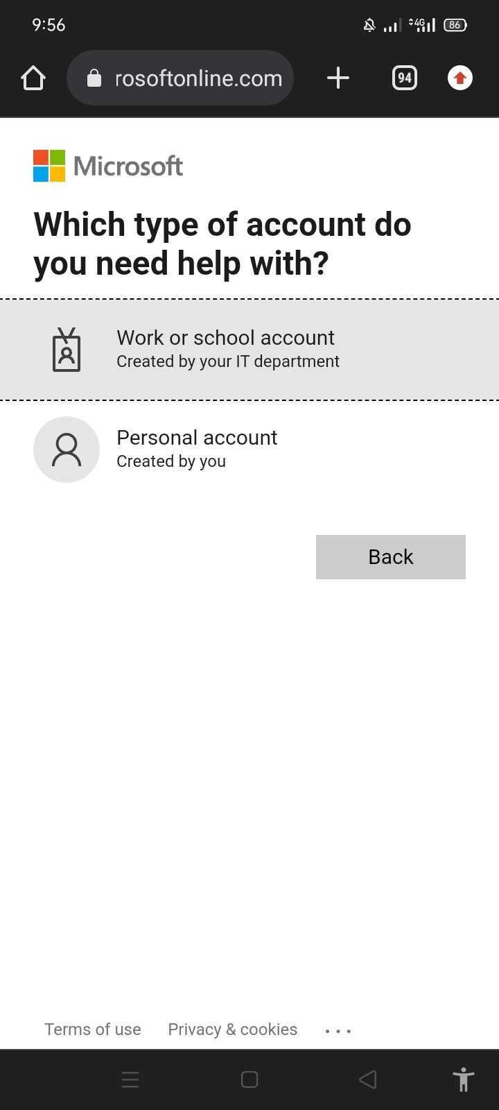 Chọn loại tài khoản Microsoft của bạn.