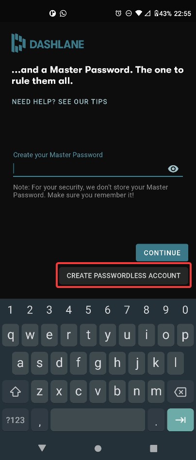 Chọn nút tạo tài khoản không mật khẩu trong Dashlane