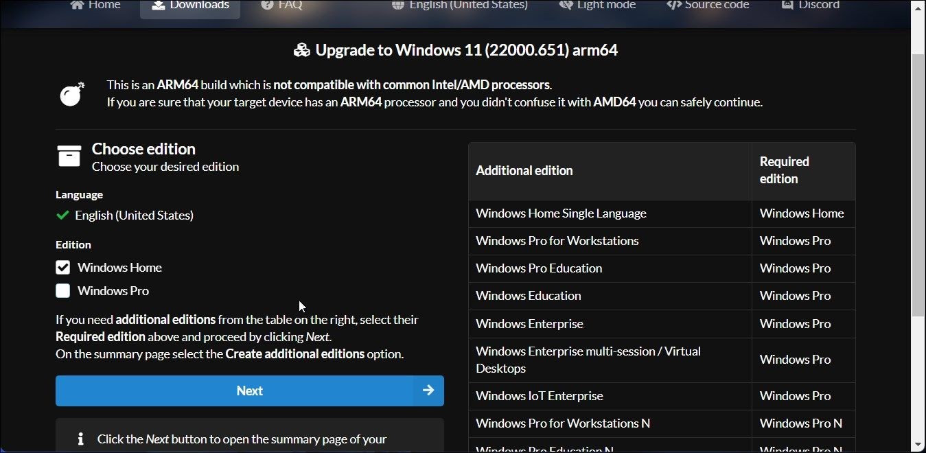 Chọn phiên bản UUP Dump Windows 11 ARM