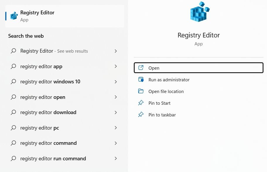Chọn Registry Editor trong Tìm kiếm Windows