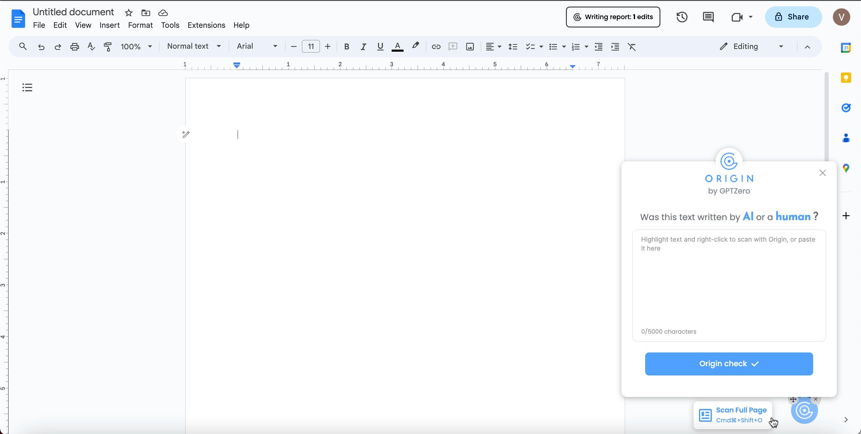 Chọn Scan Full Page để xem nội dung trên trang web hoặc tài liệu Google có phải do AI tạo ra