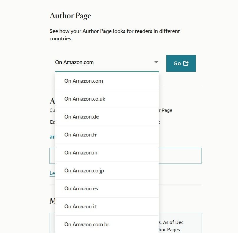 Chọn tên miền Amazon để truy cập thông qua Author Central