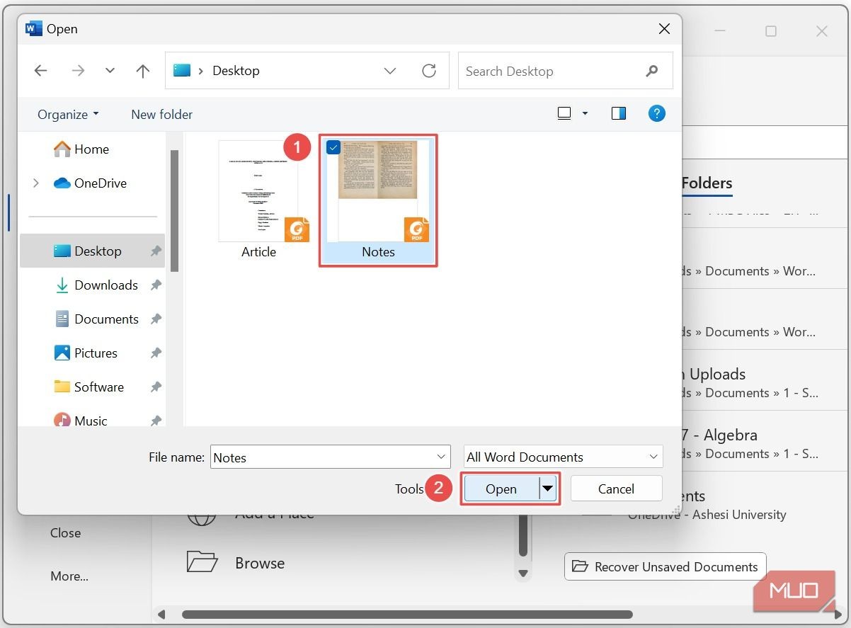 Chọn tệp PDF và mở nó trong Word