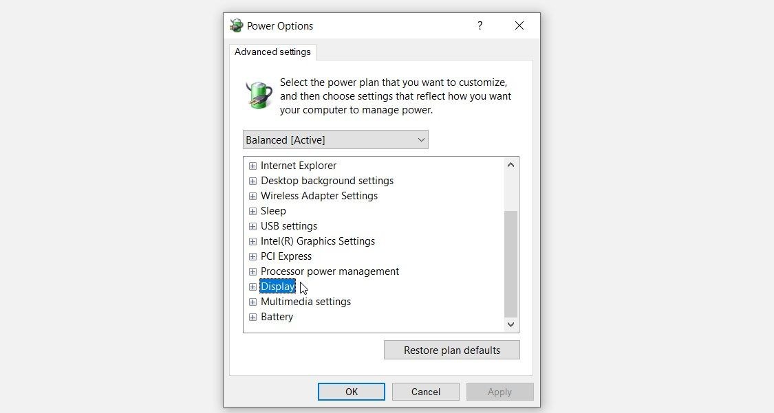 Chọn tùy chọn Display trong màn hình Power Options