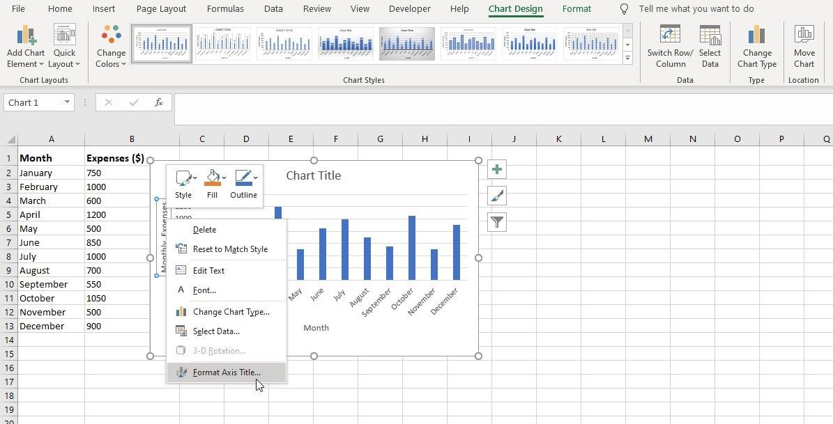 Chọn tùy chọn Format Axis Title trong Excel