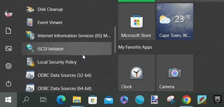 Chọn tùy chọn iSCSI Initiator từ các mục của menu Start