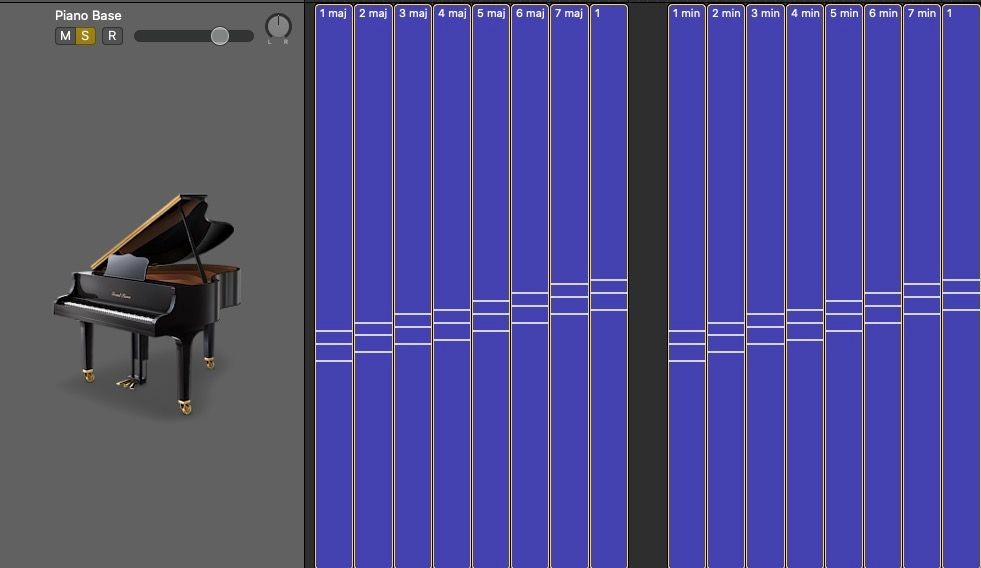 Chord major và minor được ánh xạ cho C major trên nhạc cụ phần mềm trong Logic Pro