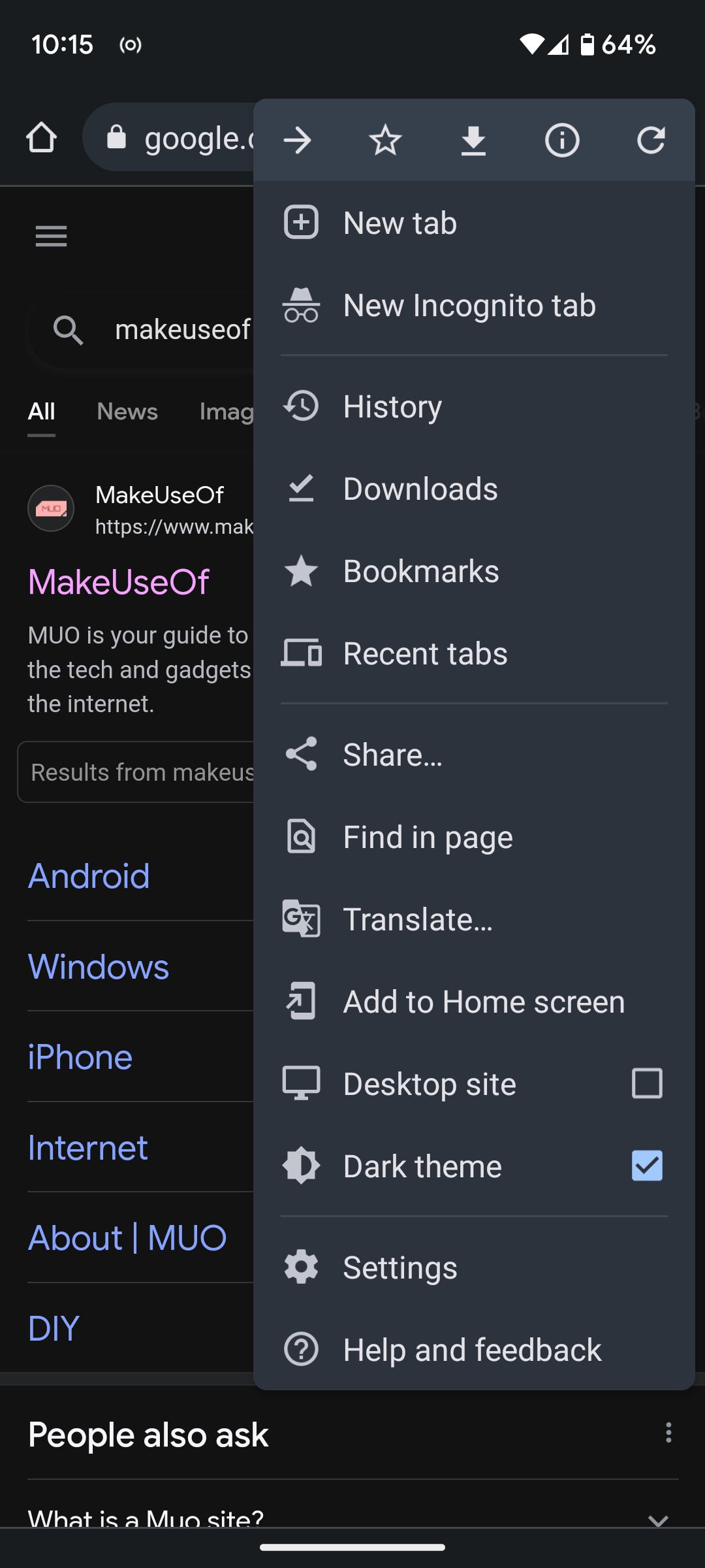 Chủ đề tối trong cài đặt Chrome Android