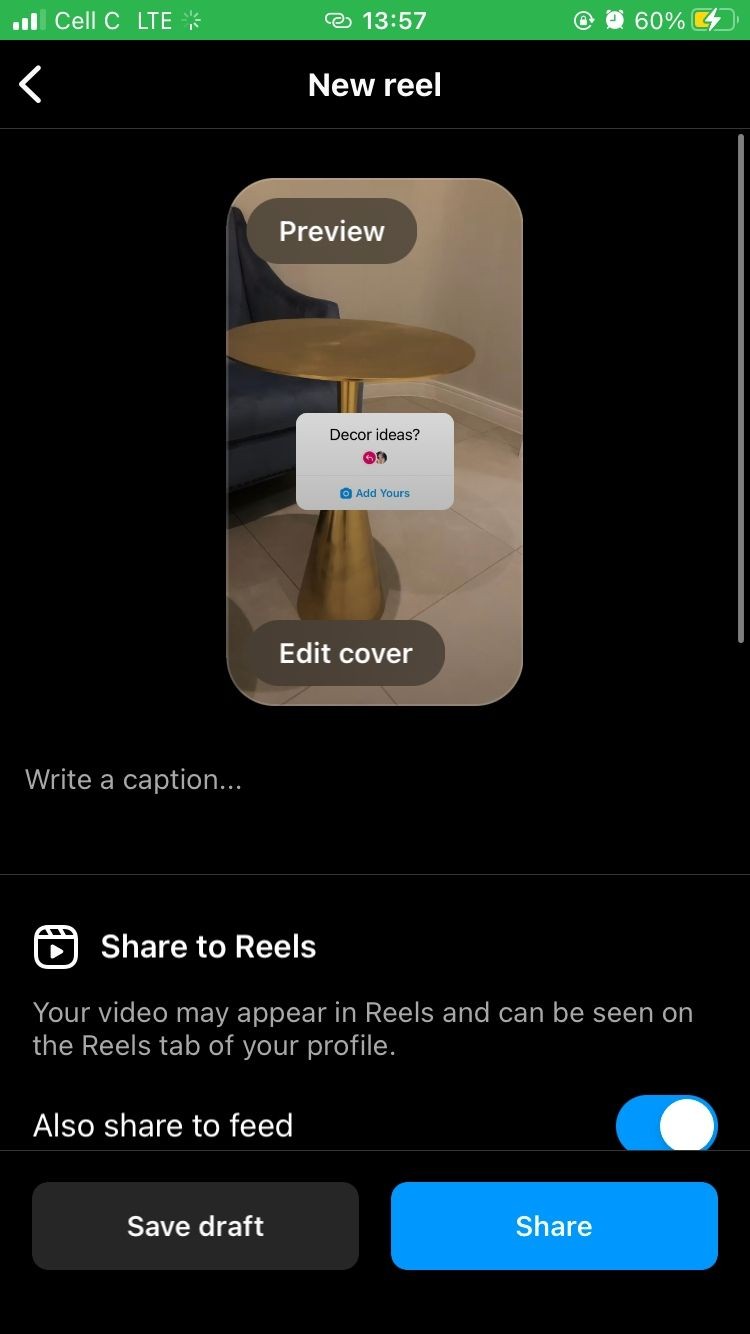 Chú thích cho Reel mới trước khi chia sẻ lên Instagram