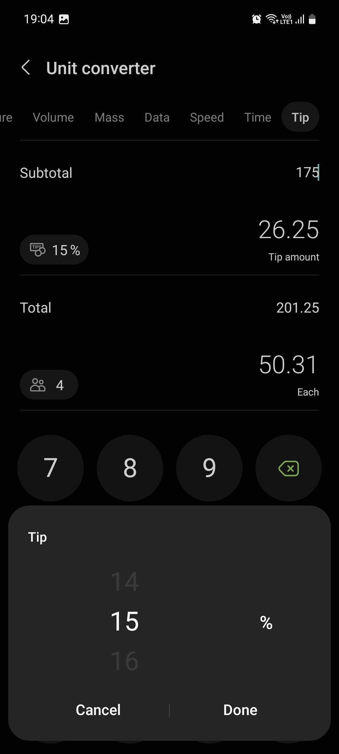 Chuyển đổi đơn vị để tính toán phần trăm boa trong ứng dụng Máy Tính Samsung