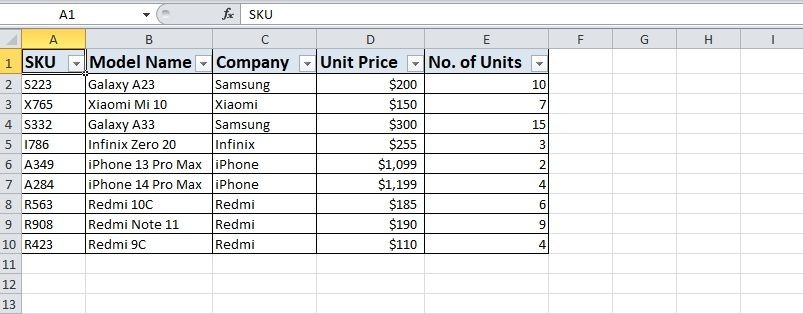 Cơ sở dữ liệu kho hàng điện thoại trong Excel
