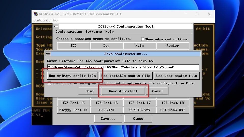 Công cụ Cấu Hình DOSBox-X Chọn Tệp Cấu Hình và Khởi Động Lại Ứng Dụng