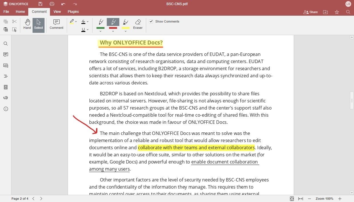 Công cụ chỉnh sửa ONLYOFFICE hiển thị văn bản trên màn hình