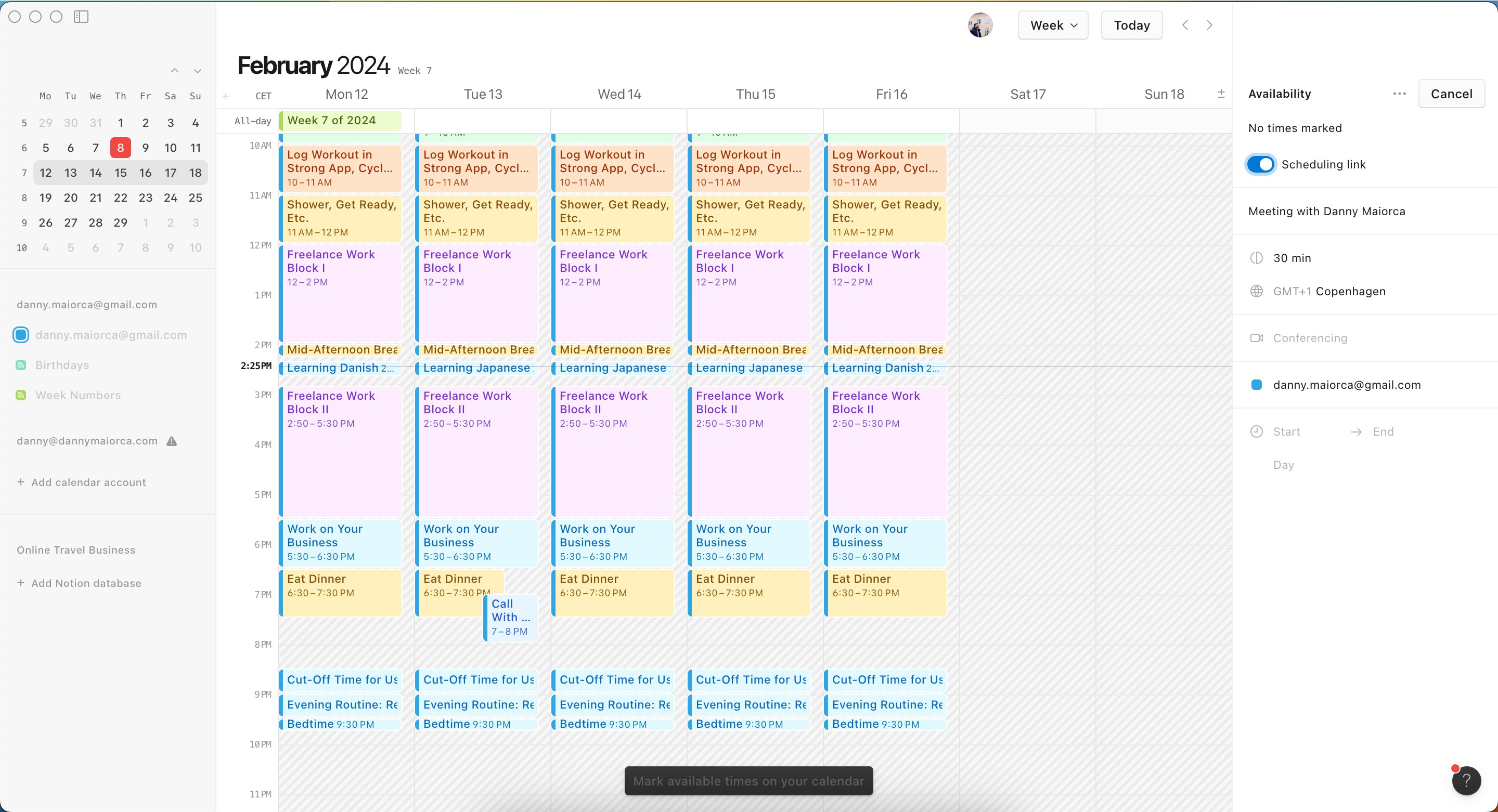 Công cụ Share Availability và các nút điều khiển liên quan trong Notion Calendar