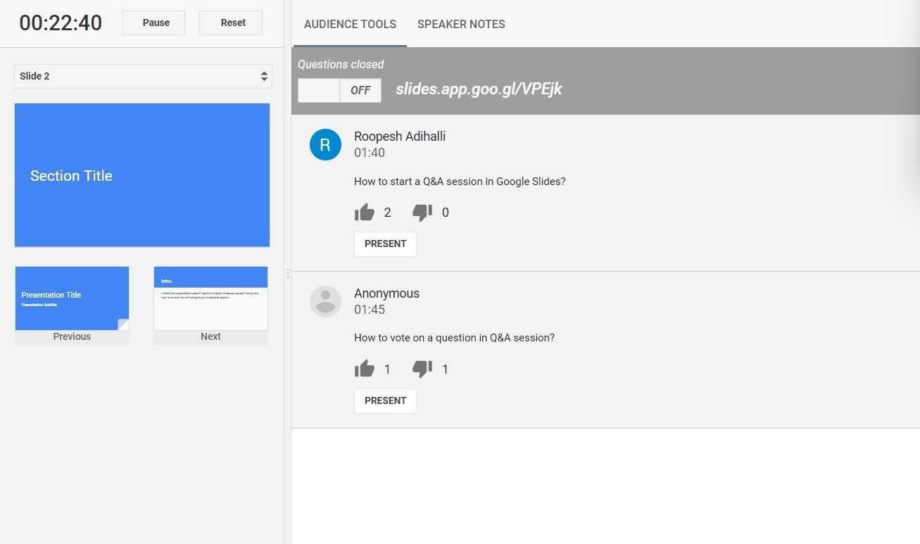 Công tắc tắt phiên Hỏi Đáp trong Audience Tools