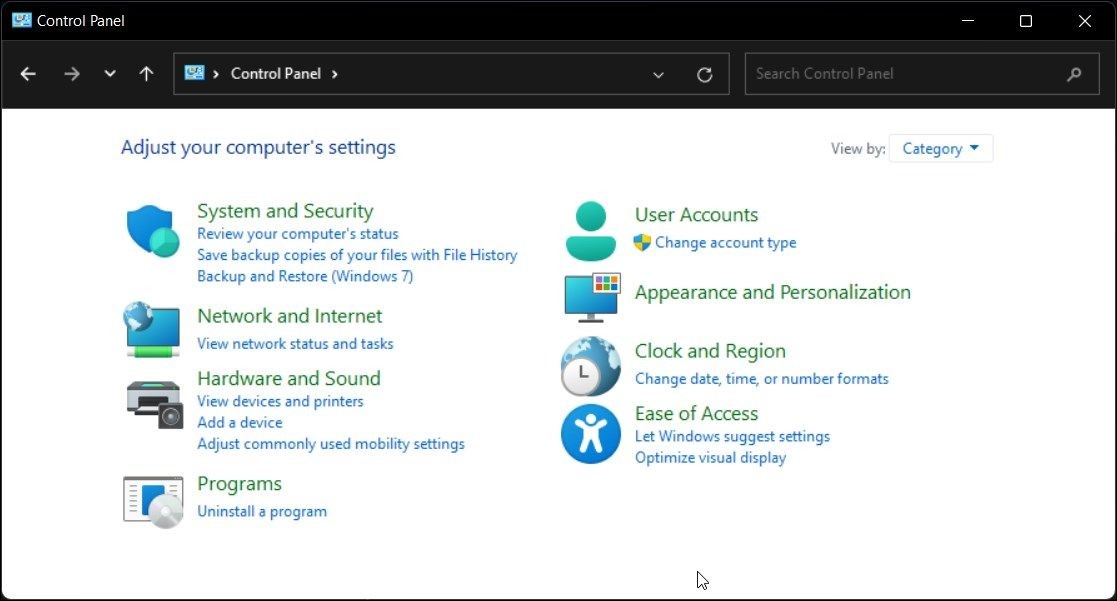 Control Panel Windows 11 hiển thị tùy chọn Phần cứng và Âm thanh