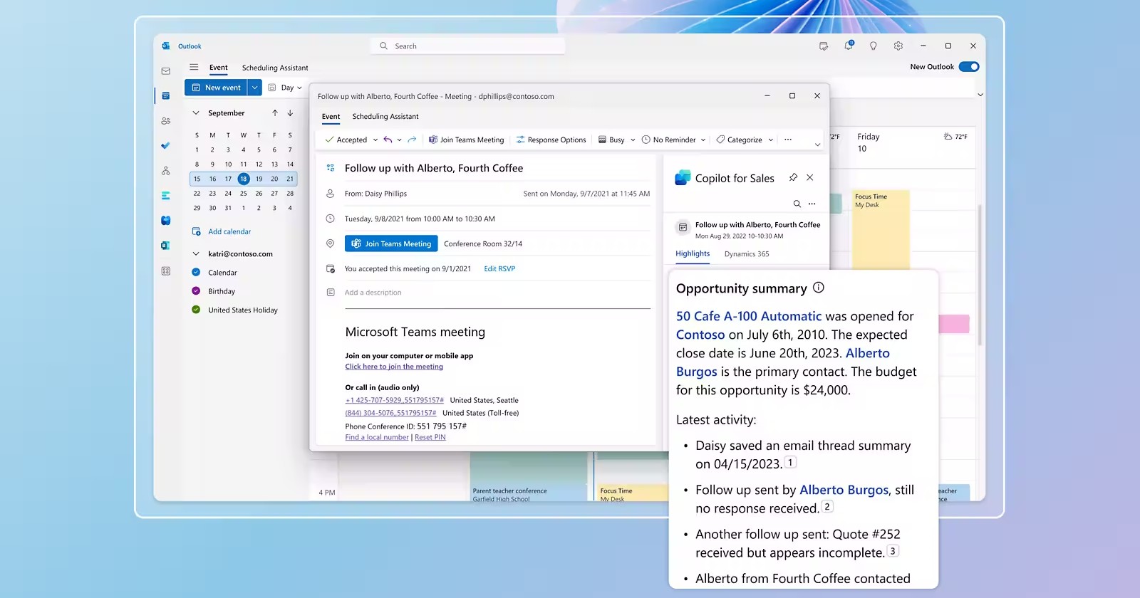 Copilot cho Sales hoạt động trong Outlook