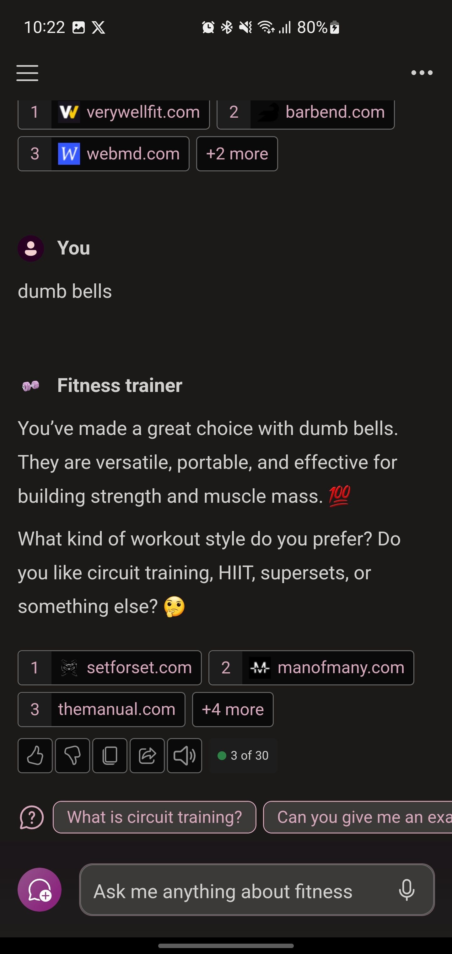 Copilot Fitness Trainer hỏi câu hỏi để đưa ra gợi ý cá nhân hóa