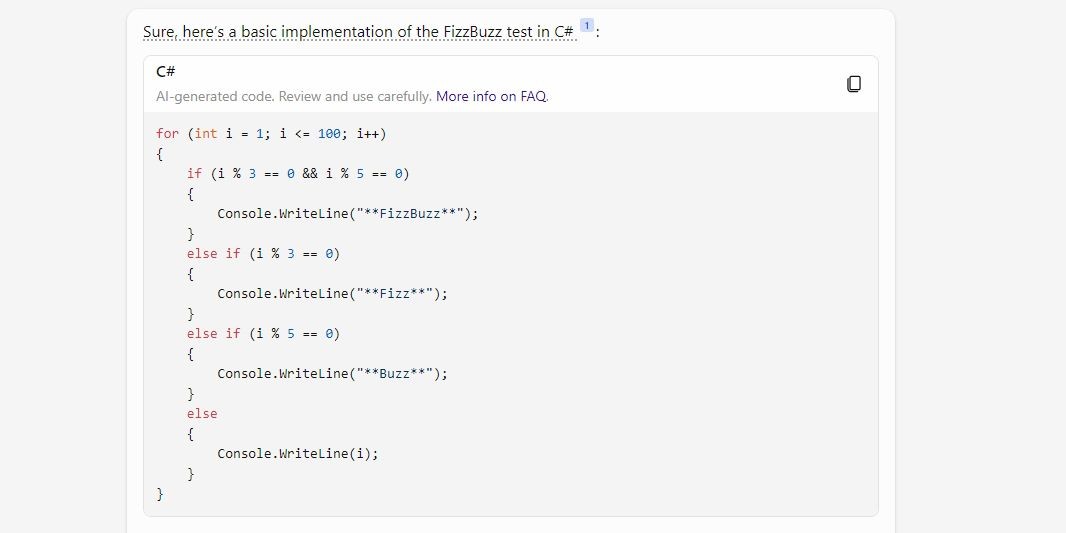 Copilot tạo bài kiểm tra FizzBuzz bằng C#