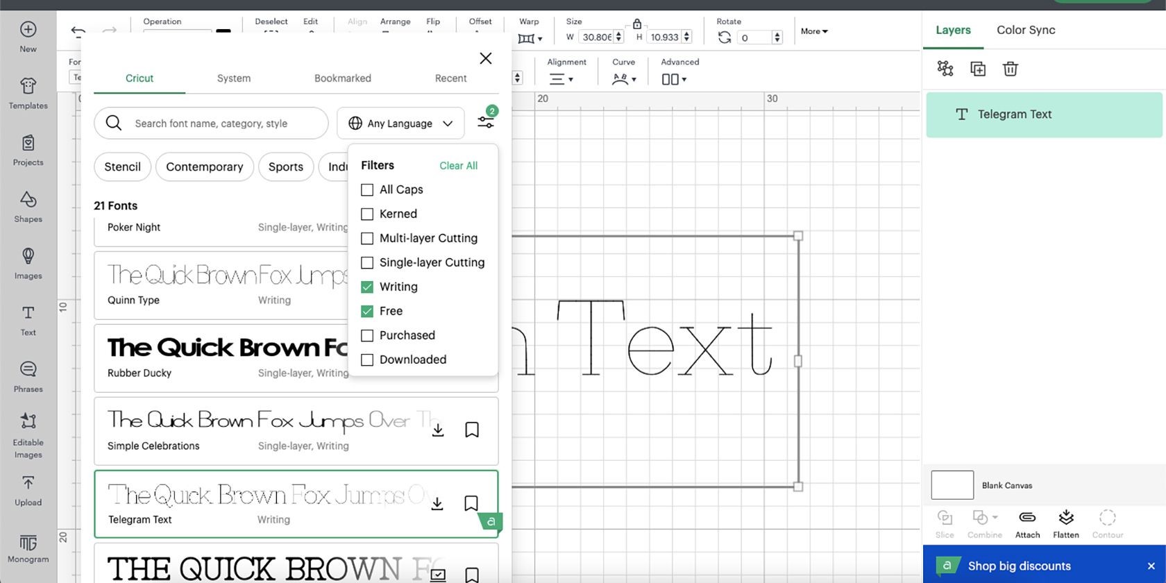 Cricut font filter menu