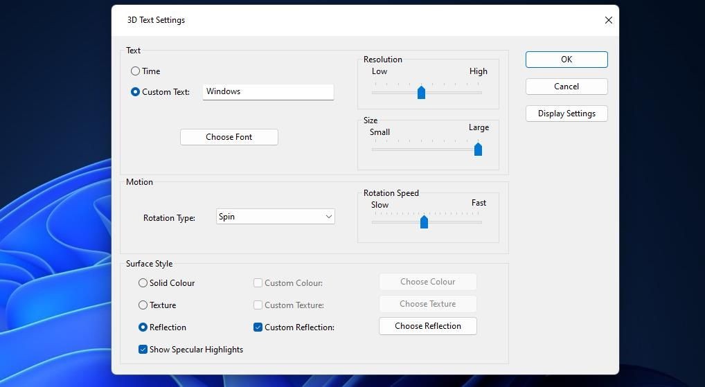 Cửa sổ 3D Text Settings