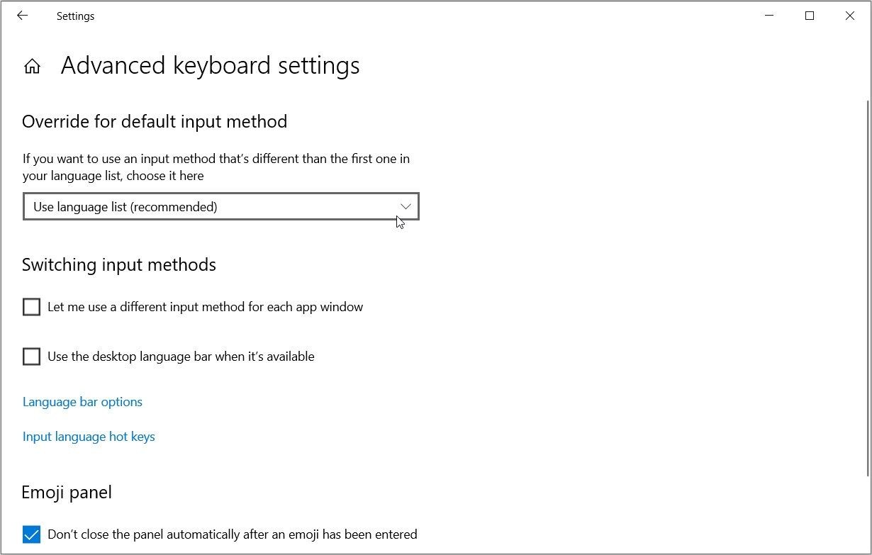 Cửa sổ Advanced Keyboard Settings