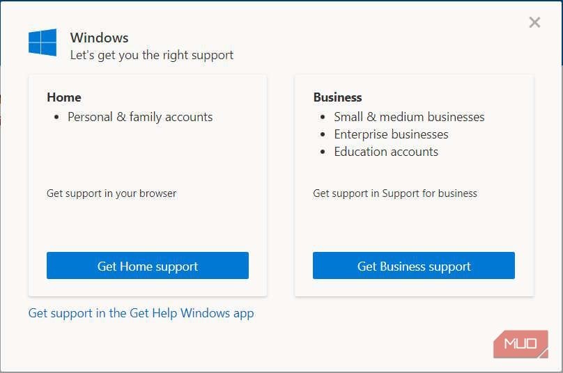 Cửa sổ bật lên để nhận hỗ trợ trên trang hỗ trợ của Microsoft