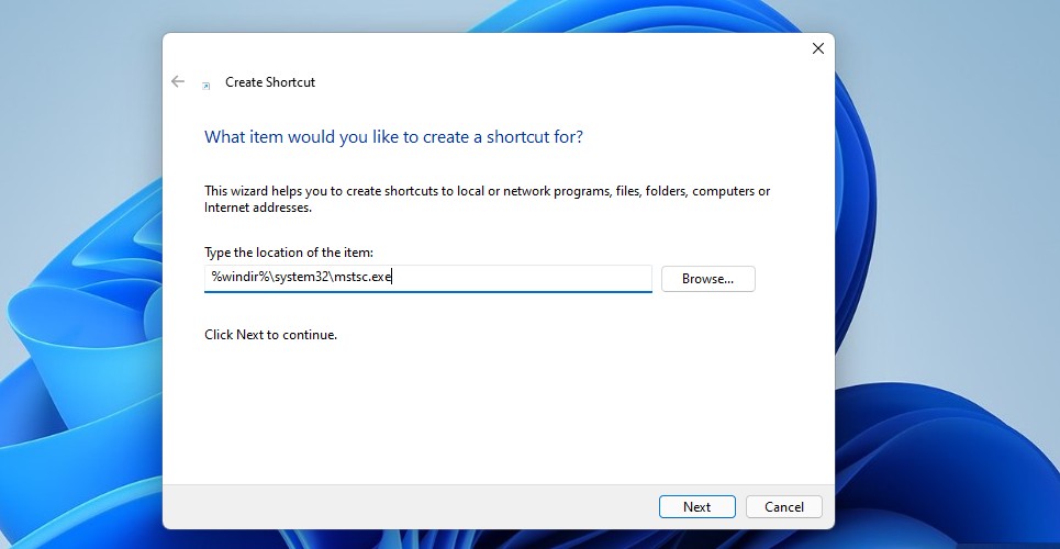 Cửa sổ Create Shortcut