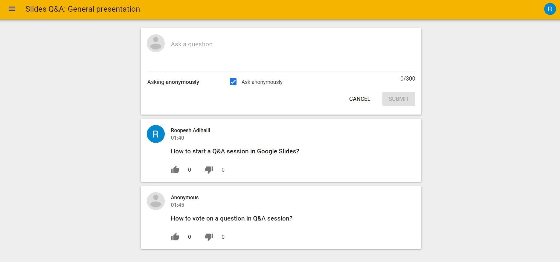 Cửa sổ hiển thị các câu hỏi đã gửi trong Google Slides