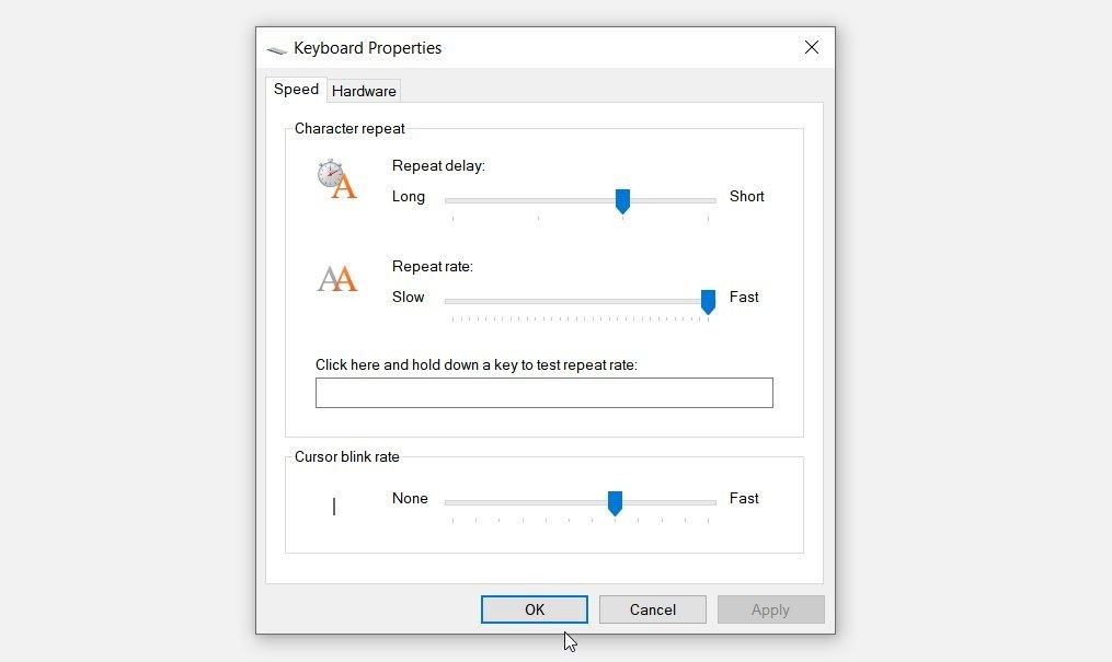 Cửa sổ Keyboard Properties