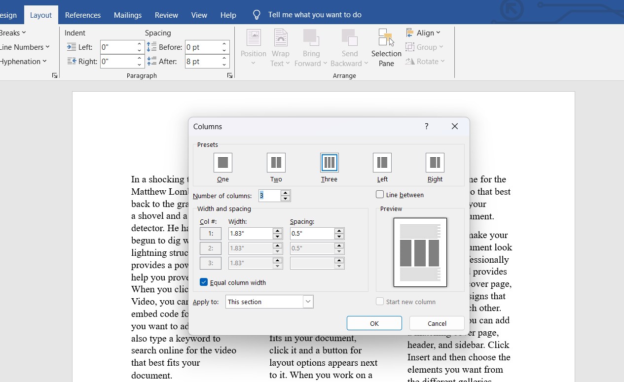 Cửa sổ More Columns trong Microsoft Word