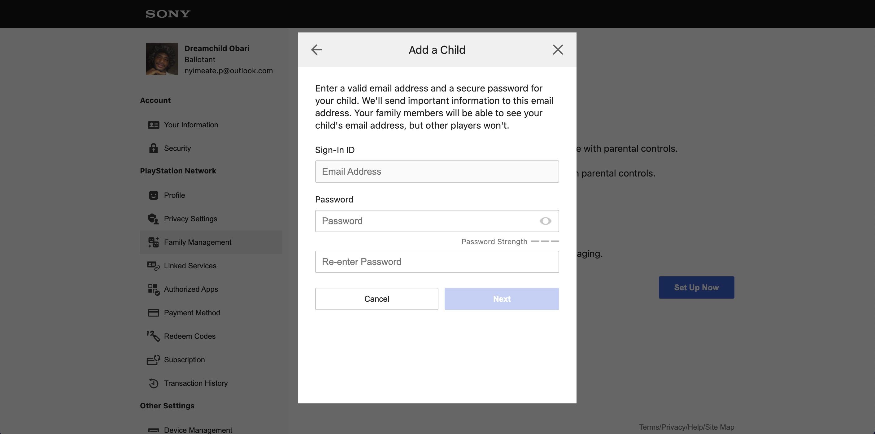 Cửa sổ phụ Thêm Trẻ Em yêu cầu nhập địa chỉ email và mật khẩu