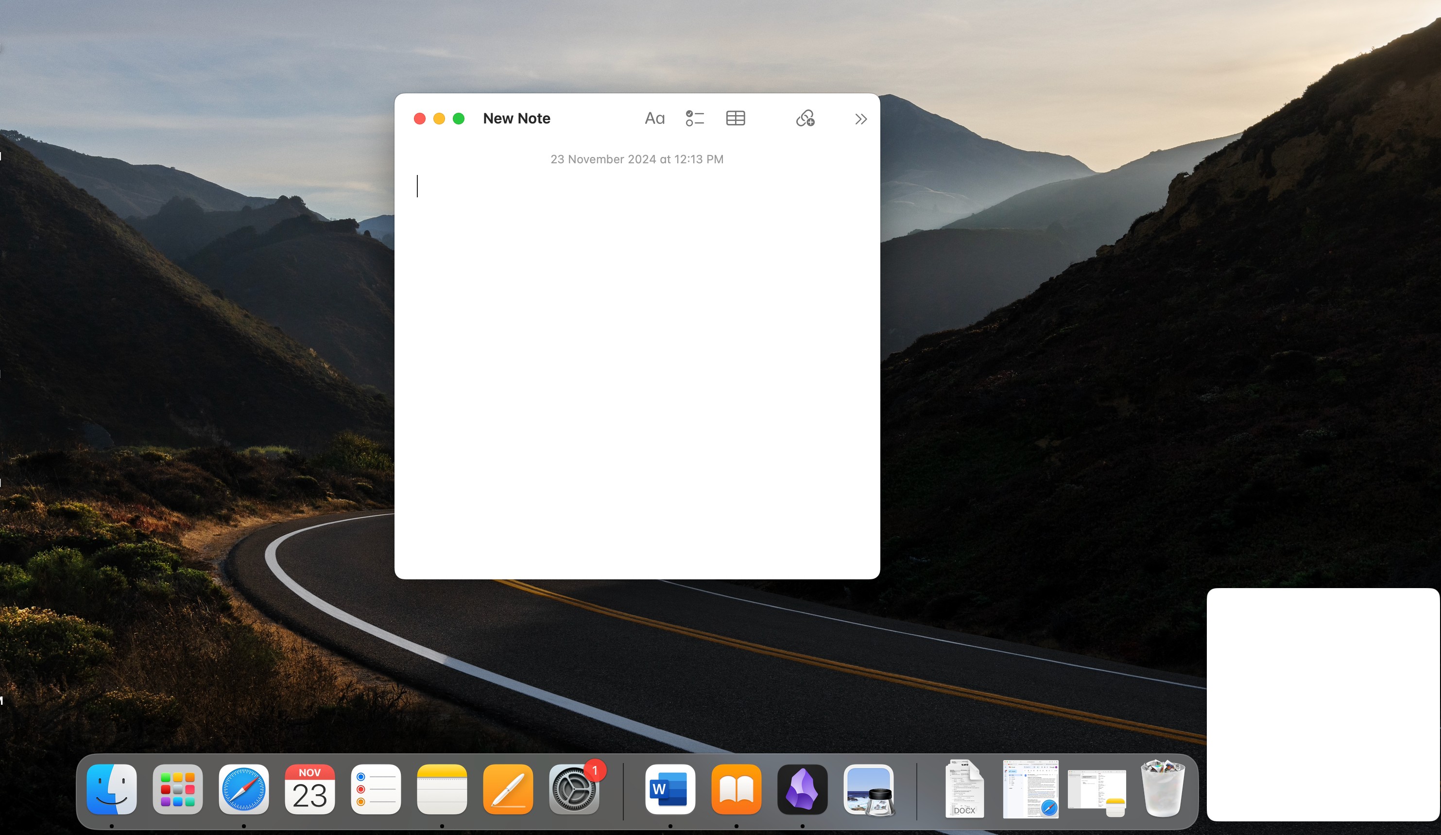 Cửa sổ pop-up của Apple Notes khi di chuyển con trỏ chuột xuống góc dưới bên phải