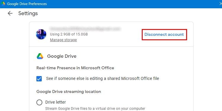 Cửa sổ Preferences của Google Drive